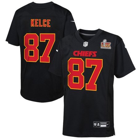 Youth Kansas City Chiefs #87 Travis Kelce Carbon Black Super Bowl LIX Patch Fashion Game Jersey